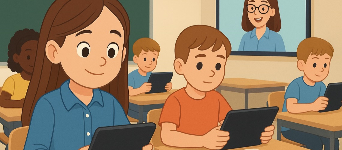 KI bilde av elvever med nettbrett og skjerm på vegg i klasserom