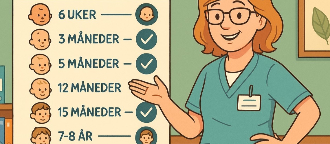 KI bilde- helsejukepleiar viser plakat  av hvor gammelt barnet skal være når de tar vaskiner.