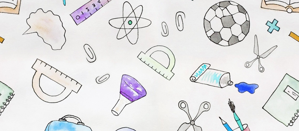 Bilder av forskjellege figurar som linjal, saks, binders